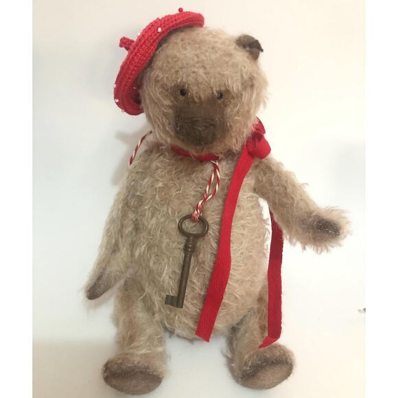 Artist Handmade OOAK Mohair Pot Belly Bear Red Beret & Skeleton Key Around Neck - Picture 2 of 10